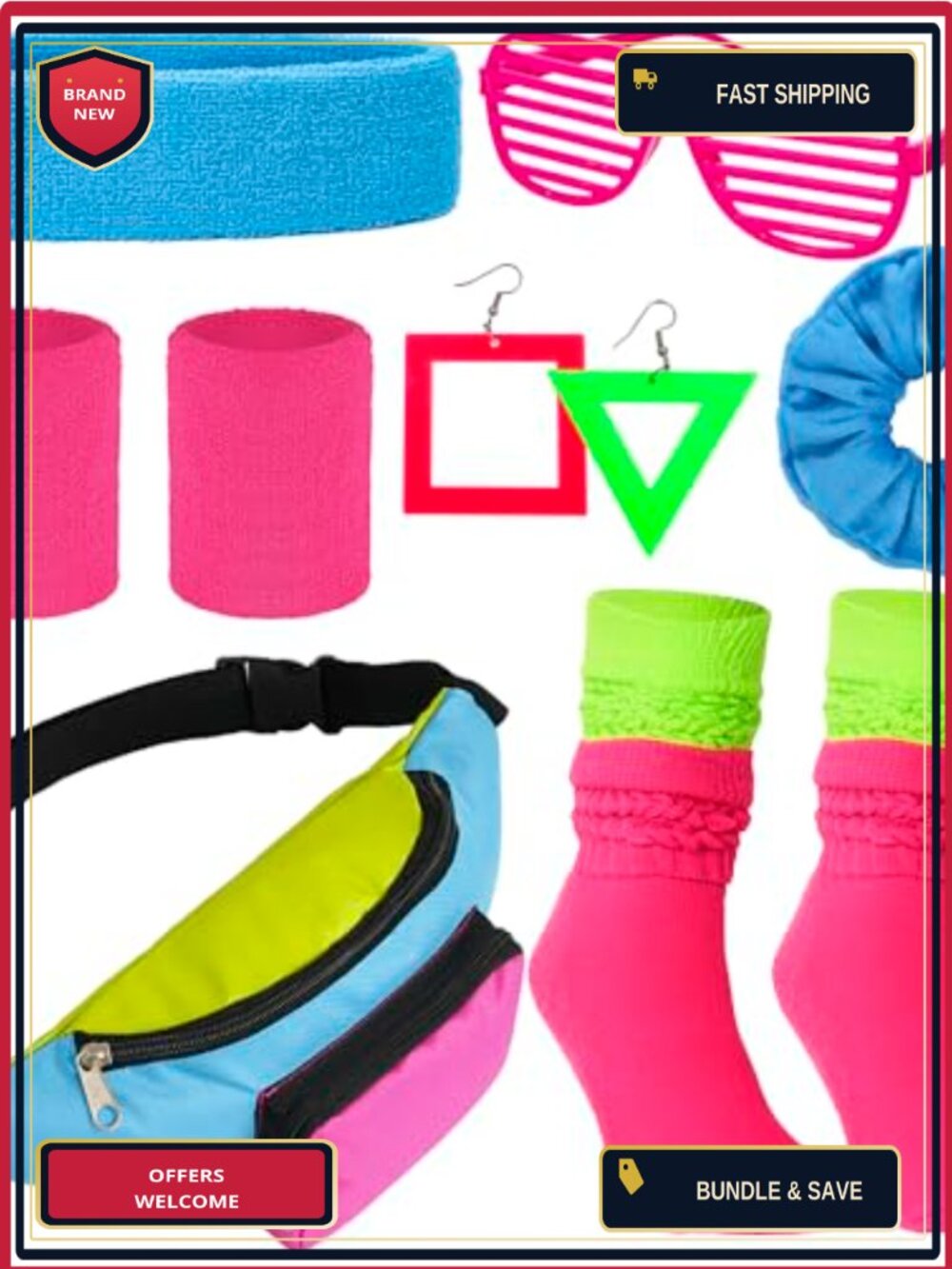 80s Neon Costume Accessory Set Leg Warmers Headband Wristband Fanny Pack